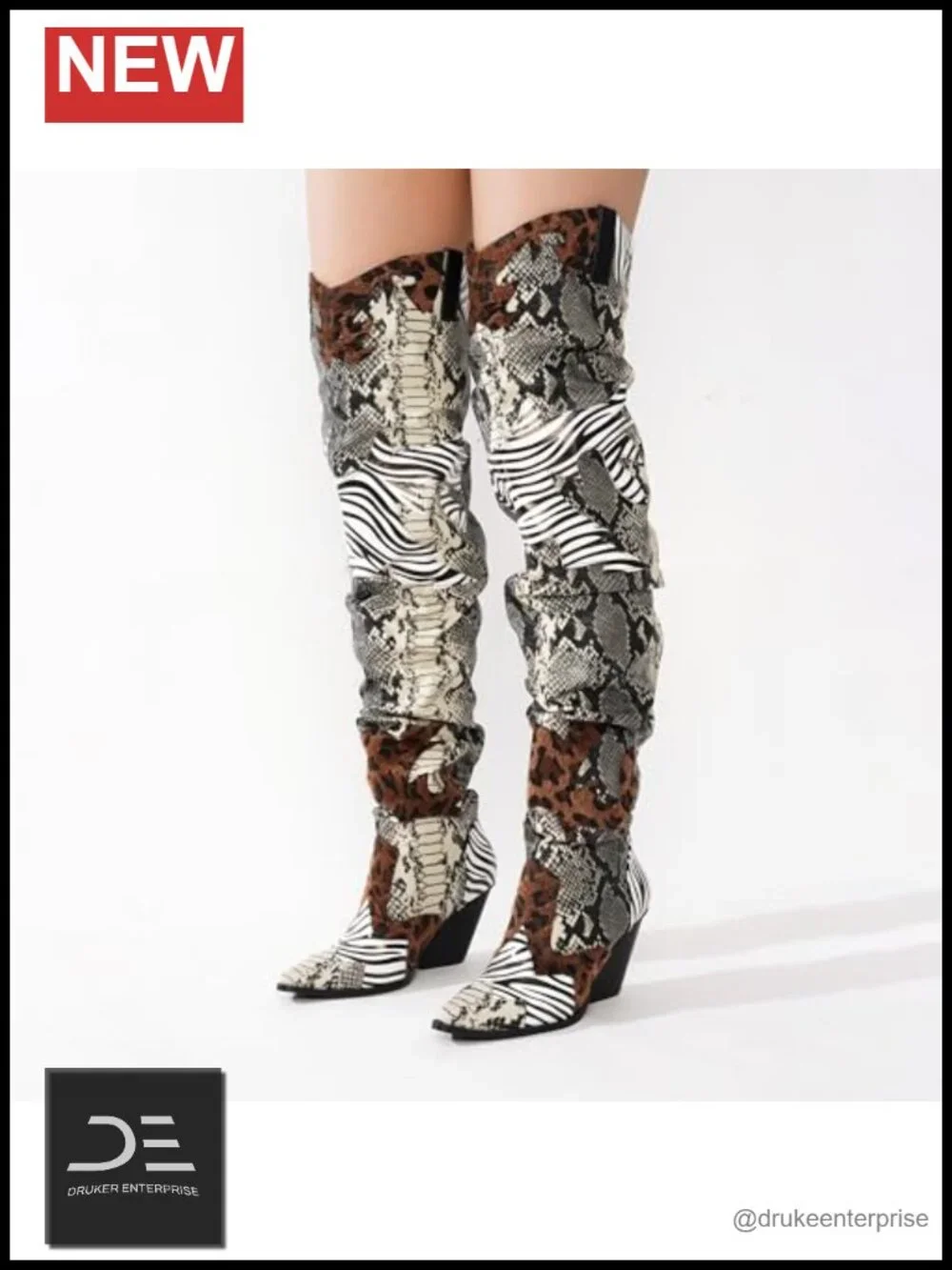 Thigh High Cowboy Boots Faux Snakeskin Chunky Heel